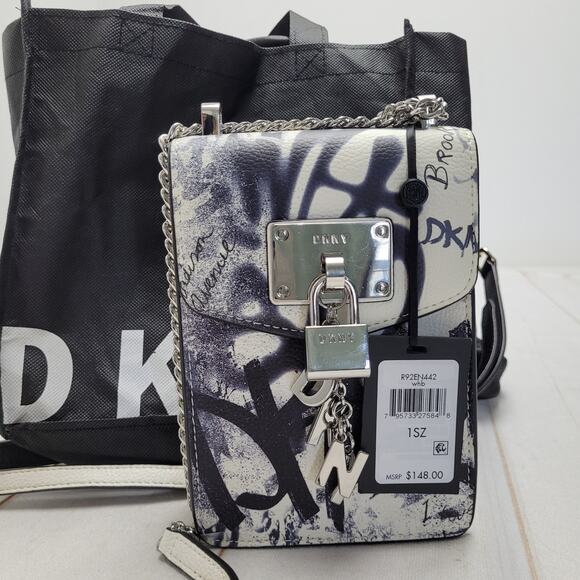 DKNY Elissa Grafitti chain crossbody bag lock front leather flap NWT moto - Picture 1 of 6